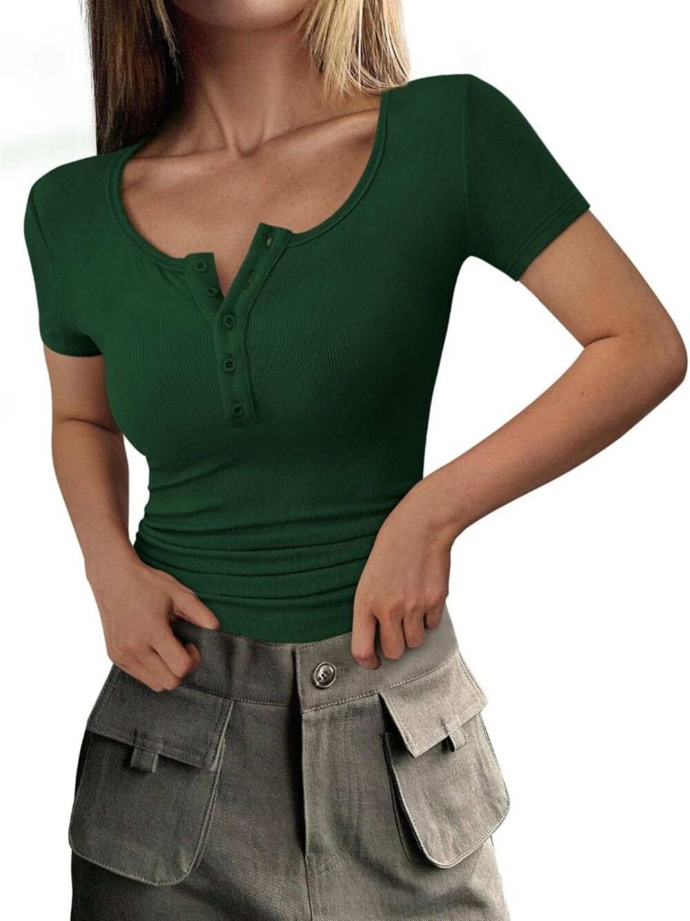 Women's Dark Green Short Sleeve Ribbed Henley Button Slim Fit Casual T Shirts